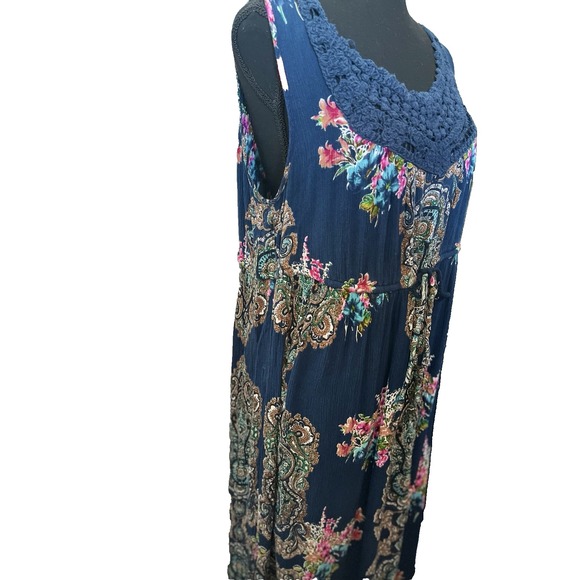 Bila XL Blue Floral Crochet Maxi Dress Tiered Boho Cottagecore Sleeveless Beach - Picture 3 of 4
